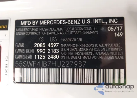 2017 Mercedes-Benz C 300 Luxury/Sport z USA, uszkodzony, nr VIN 55SWF4JB7HU227987